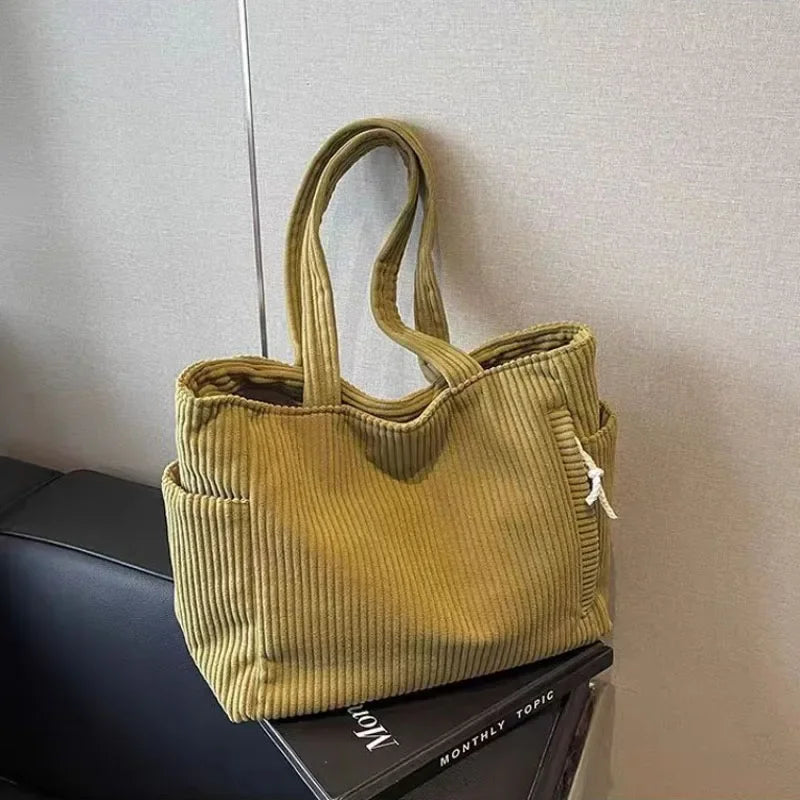 Corduroy Daily Handbag Fashionable Versatile Shoulder Bag for Women Multi-Compartment Zipper Closure Commute Women's Tote Bag