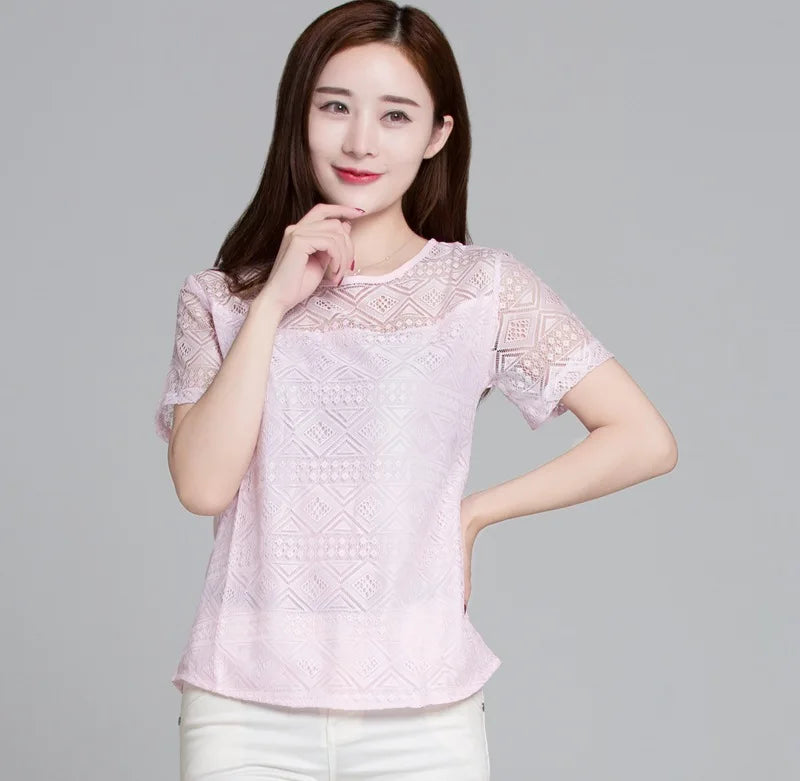 1pcs Summer Women Lace T-Shirt Lady Short-Sleeve Round-Neck tShirt Female Sexy Slim Fit  Tee Girl Chiffon Shirt Fashion Pullover