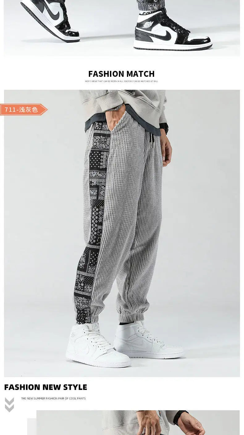 Oversize Cashew Flower Printed Patchwork Casual Pants Y2K High Street Corduroy Sweatpants Men Clothing штаны Pantalones 바지