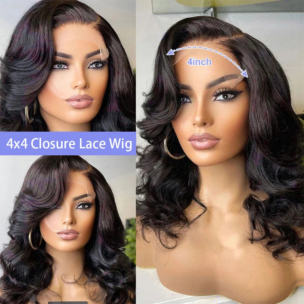 100% Human Hair Body Wave Bob Black Wig Loose Wave 13x4 Lace Front Short Wigs 4x4 Closure Bob Wig with Baby Hair For Women 14 IN