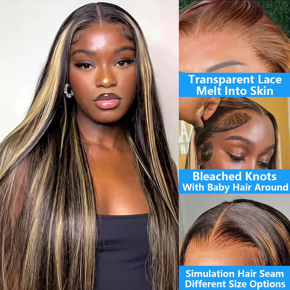 1B/27 Black and Blonde Highlights Bone Straight 13x4 HD Lace Front Human Hair Wigs 200% Brazilian Colored Lace Frontal Wig