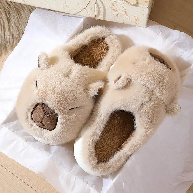 Cute Cartoon Capybara Cotton Slippers Women 2025 Winter Soft Thick Bottom Indoor Couple Slides Warm Faux Fur Bedroom Slippers
