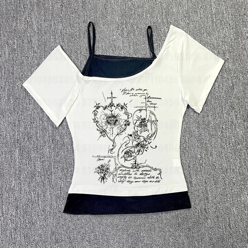 2k Fairy Grunge Graphic T-Shirts for Women E-Girls Goth Rib Long Sleeve Tee Tops Vintage Emo Clothes 2000s Retro Streetwear