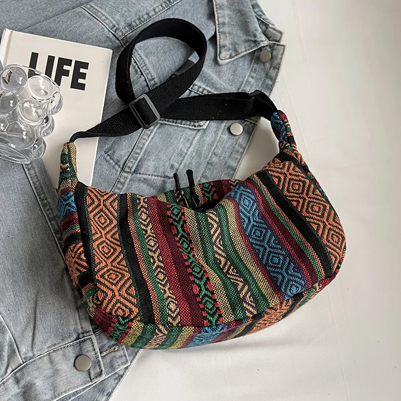 Tribal Style Shoulder Bag, Foldable Crossbody with Zipper Closure, Striped Pattern, Flag Theme Hand Washable Edge Painted Lining