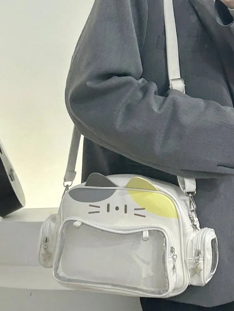 Women's Fashion Backpacks Y2K Korean Japan Kawaii Cat Ita Bag PU Cute Girls Transparent Pocket Aesthetic Shoulder Crossbody Bags