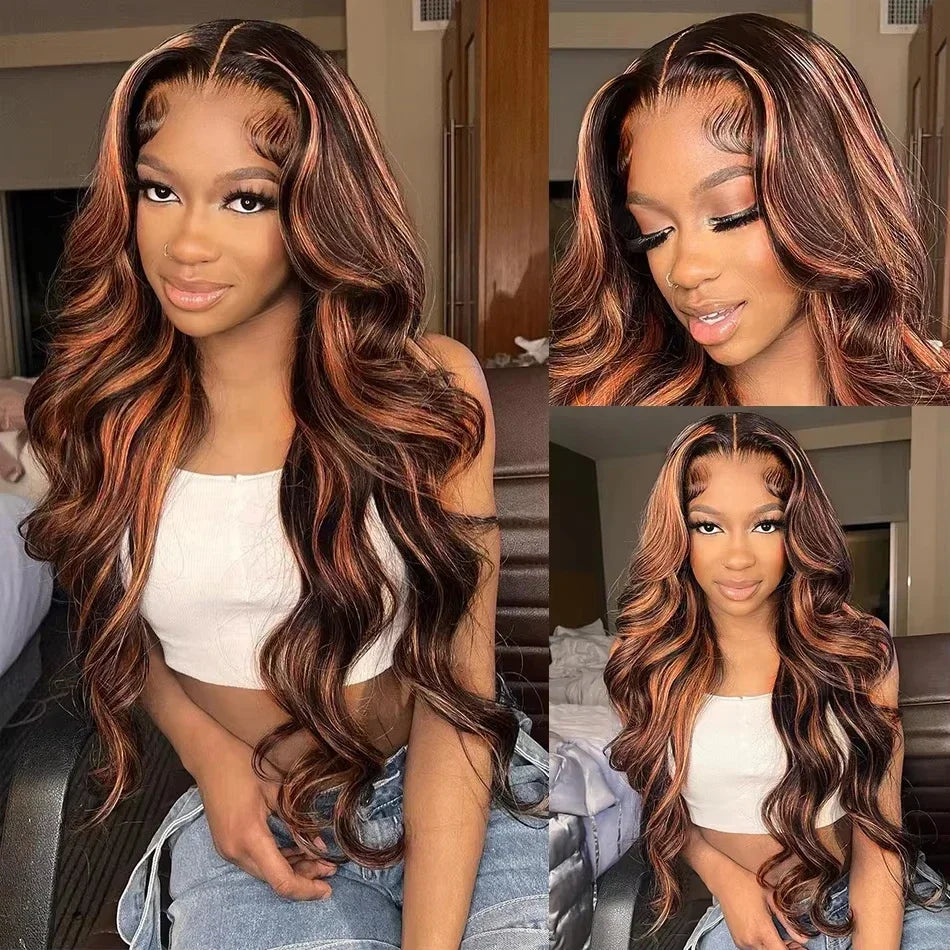 220 Density 30 Inch 1B/30 Black Brown Body Wave Lace Front Human Hair Wigs Colored Highlight 13x6 HD Lace Frontal Wig Human Hair