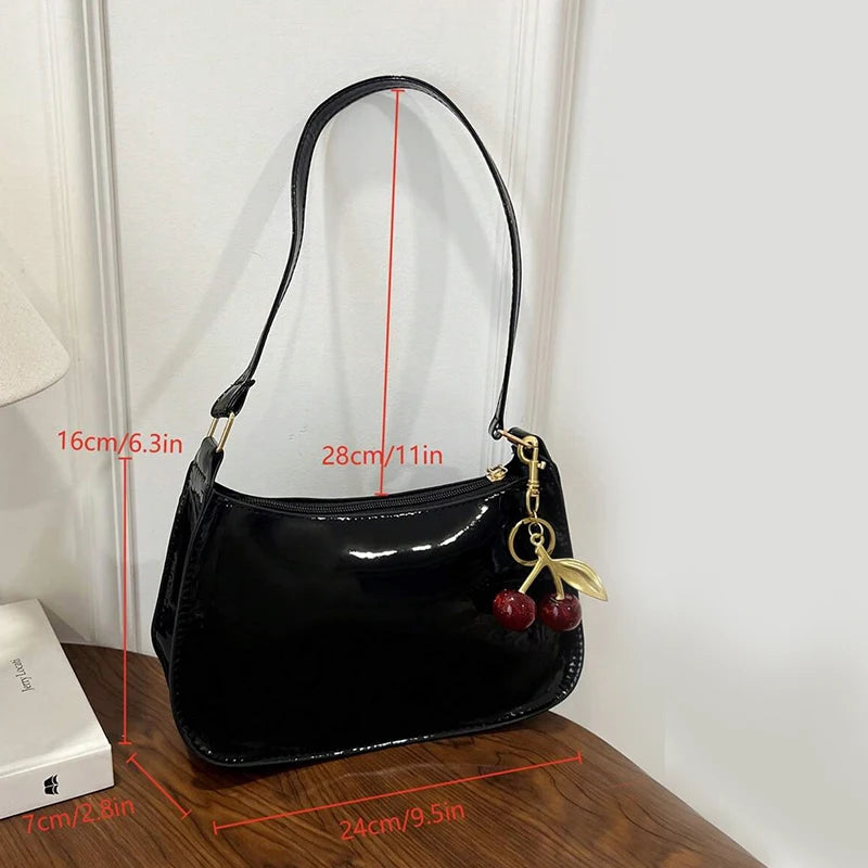 Vintage Retro Shoulder Bag for Women PU Leather Underarm Crossbody Ladies Casual Handbag Purse with Cherry Pendant
