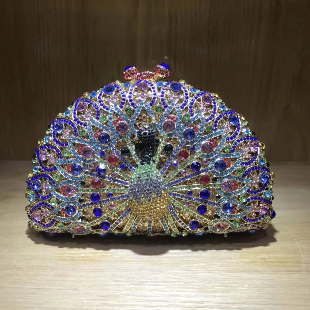 Women Peacock Animal Multicolored Clutch Bag Diamond Crystal Dinner Party Gala Handbag Wedding Bridal Birthday Gift Cute Purse