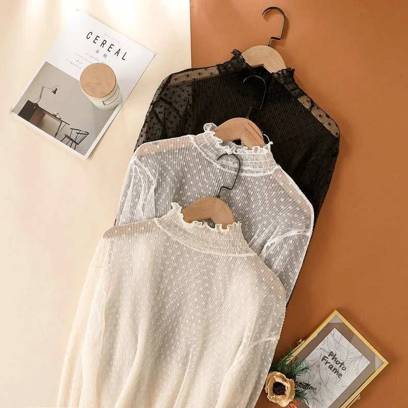 Women Sexy Mesh See Through T Shirt  Long Bell Sleeve Hollow Out Blouse Summer Transparent Sheer High Neck Bottoming Basic Tee