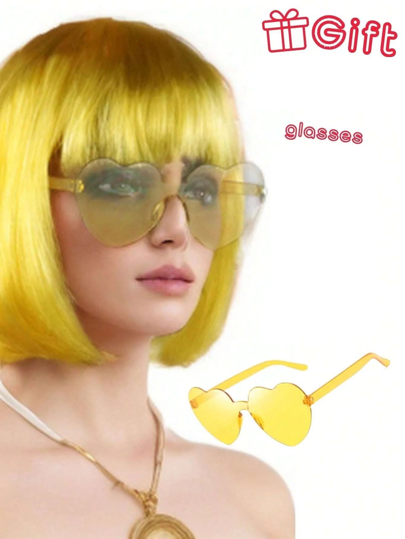 Halloween Party Prop Colorful Short Straight Bobo Wig, Funny & Novelty, With Free Frameless Heart-Shaped Sunglasses