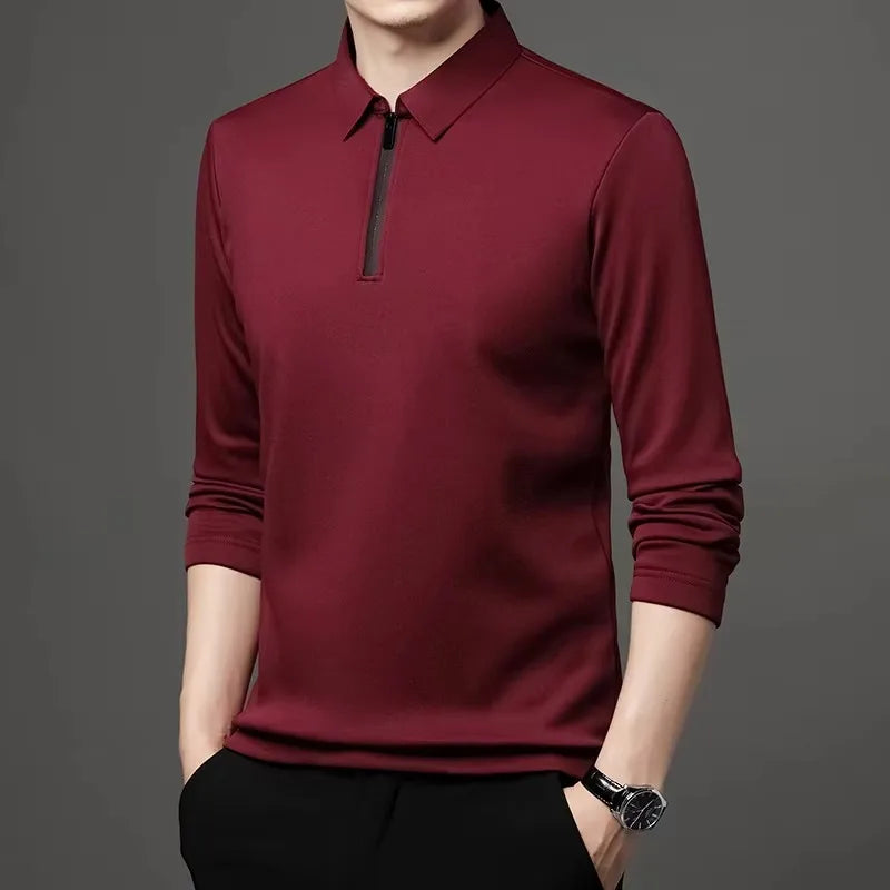 New T Shirt Zipper Polo Shirt Male Fashion Turn-Down Collar Long Sleeve Business Men Clothes