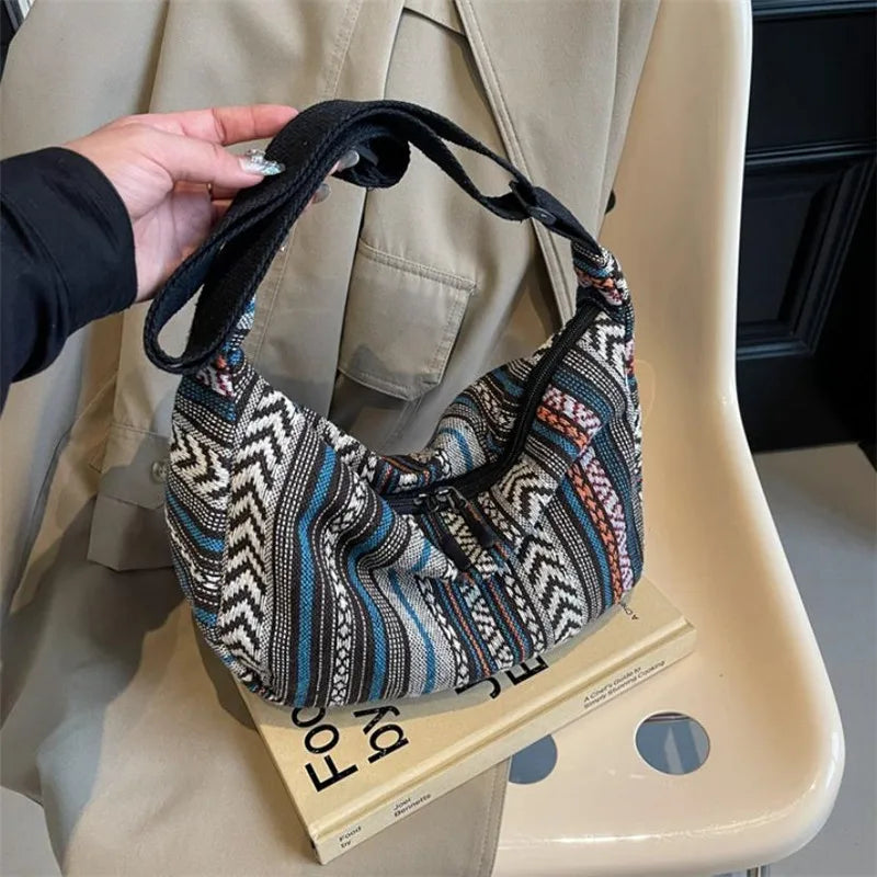 Tribal Style Shoulder Bag, Foldable Crossbody with Zipper Closure, Striped Pattern, Flag Theme Hand Washable Edge Painted Lining