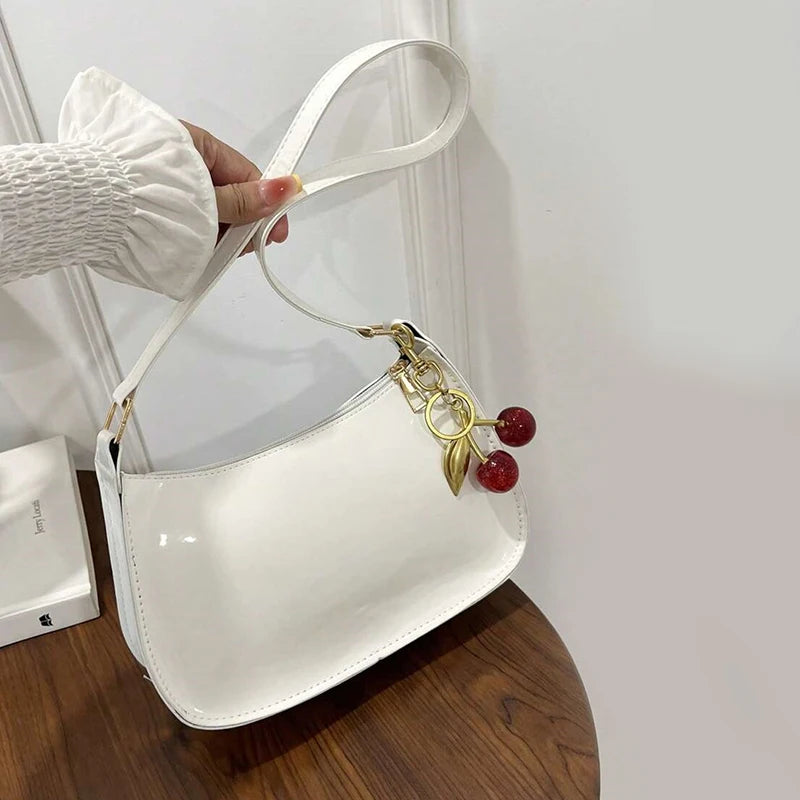 Vintage Retro Shoulder Bag for Women PU Leather Underarm Crossbody Ladies Casual Handbag Purse with Cherry Pendant