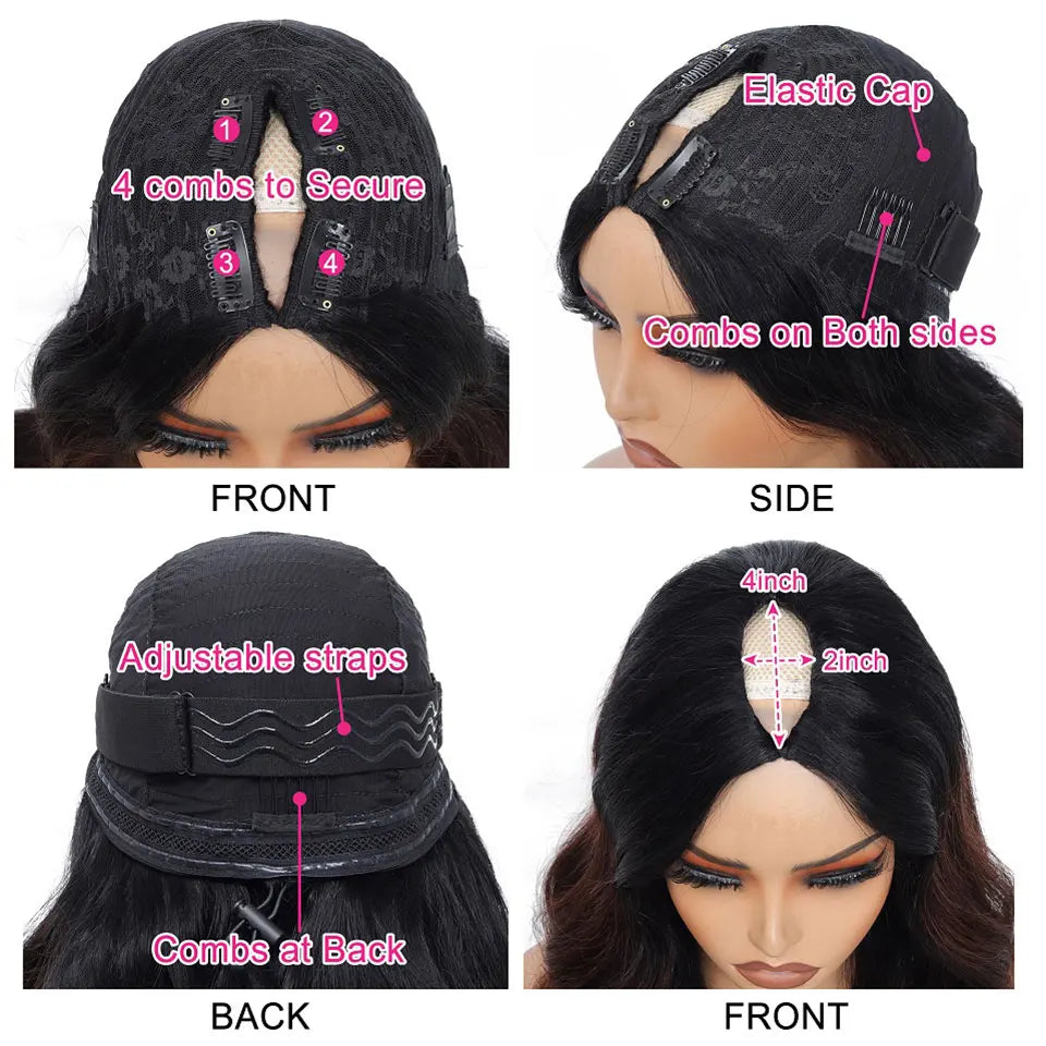 V Part Wig Ombre Reddish Brown Human Hair Remy Raw 28 30 Inch 250% No Glue Brazilian Loose Wavy V Part Human Hair Wigs for Women