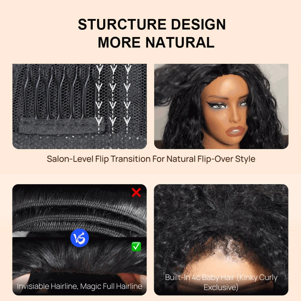 Half Wig Human Hair Kinky Curly Glueless Wig Human Hair Ready to Wear 3 IN 1 Half Wig With Drawstring 250 Density Curly Half Wig