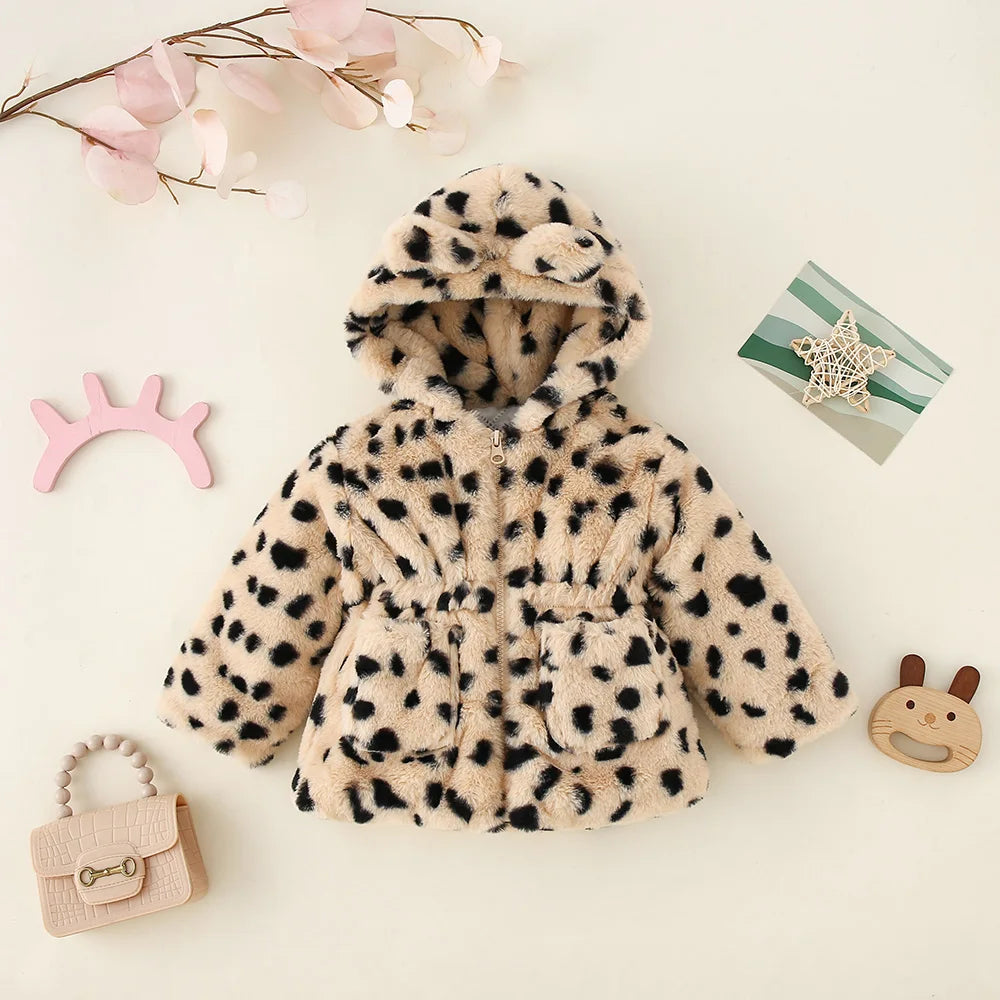 Winter Girls Leopard Pattern Sweater New Cotton Clothes Rabbit Ear Hooded Zipper Waistband Children's Clothing