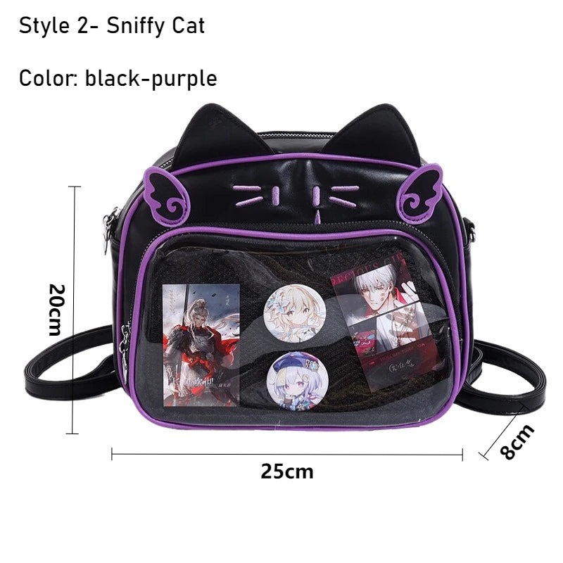 Women's Fashion Backpacks Y2K Korean Japan Kawaii Cat Ita Bag PU Cute Girls Transparent Pocket Aesthetic Shoulder Crossbody Bags