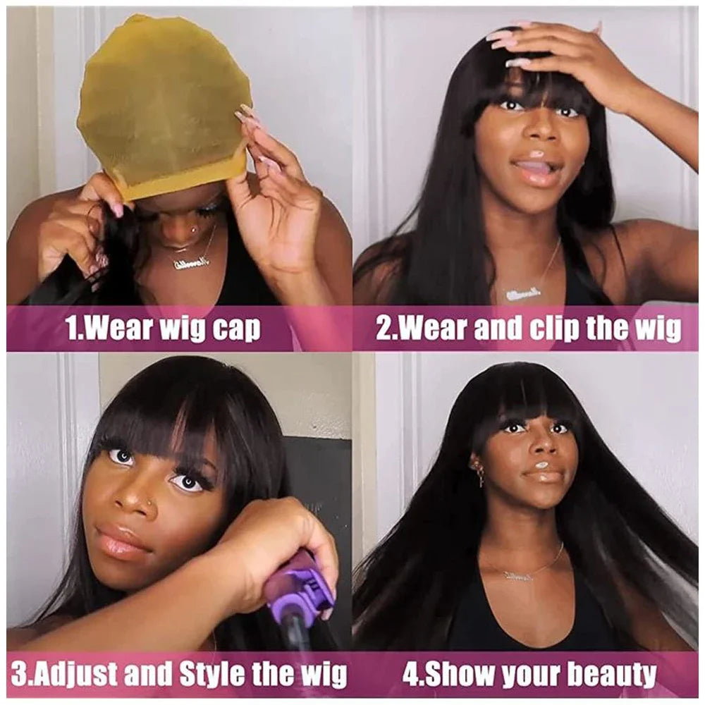 100% Human Hair Wigs Wear Go Glueless Straight Wig With Bangs Natural Black Color Straight Machine Made Wig with Fringe Bobbi