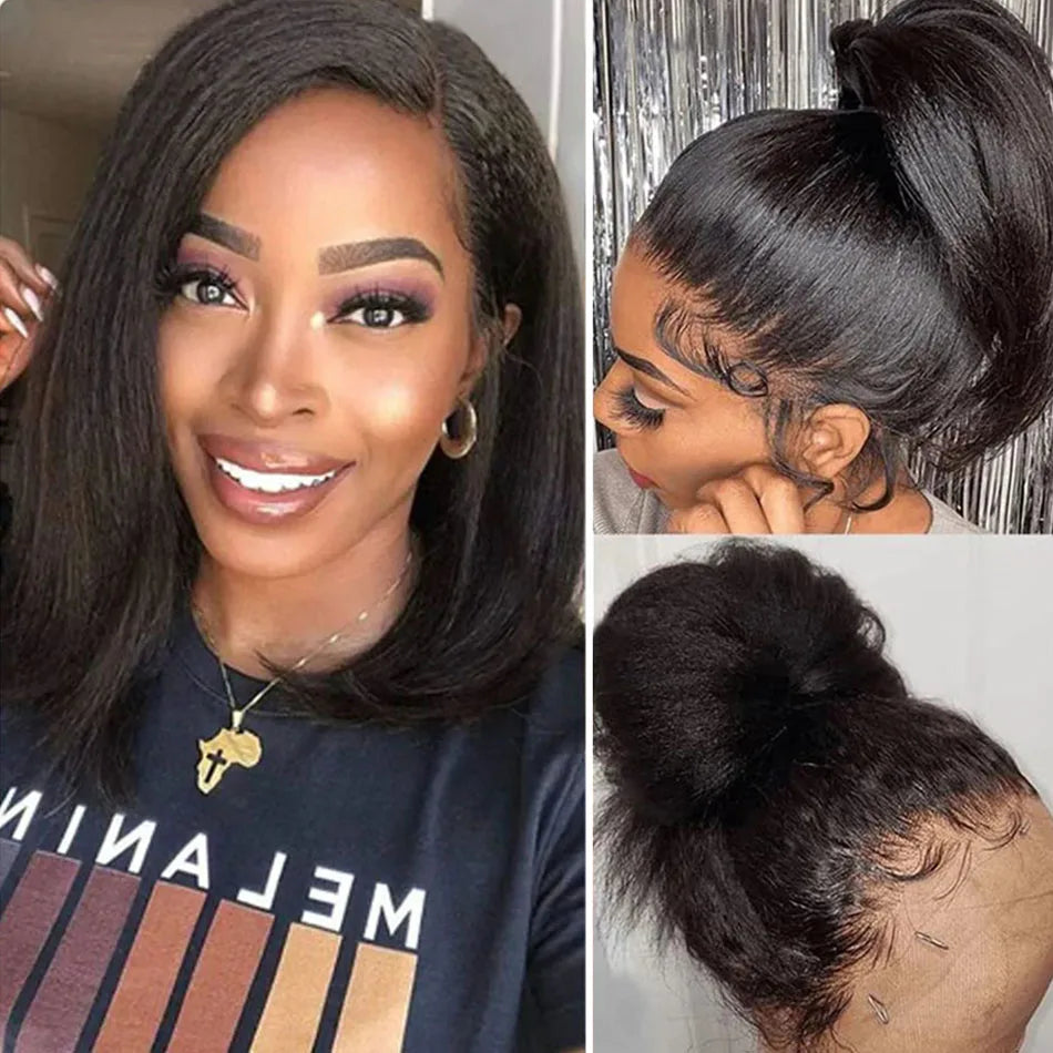 Kinky Yaki Straight Bob Lace Frontal Pre Cut Wigs 100% Human Hair Glueless Ready To Wear Short Bob HD Transparent Cheap Wigs
