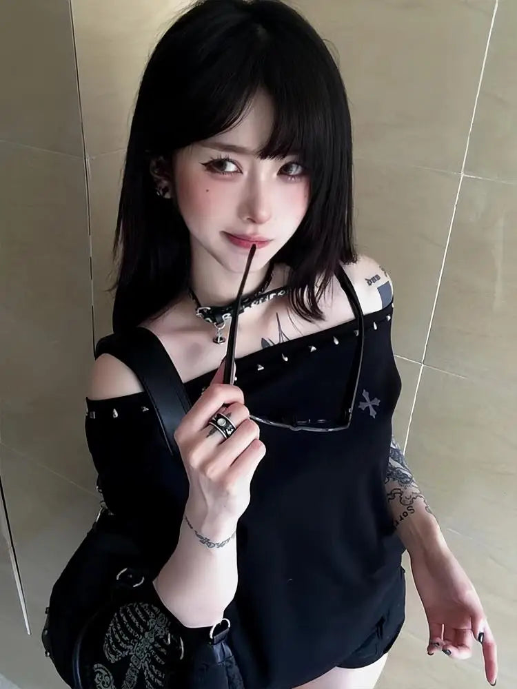 Seeslim Black Off Shoulder Cross Women's T-shirt Short Sleeve 2000s Clothes Y2k Summer Tops Tees Female Clothing Chic Vintage