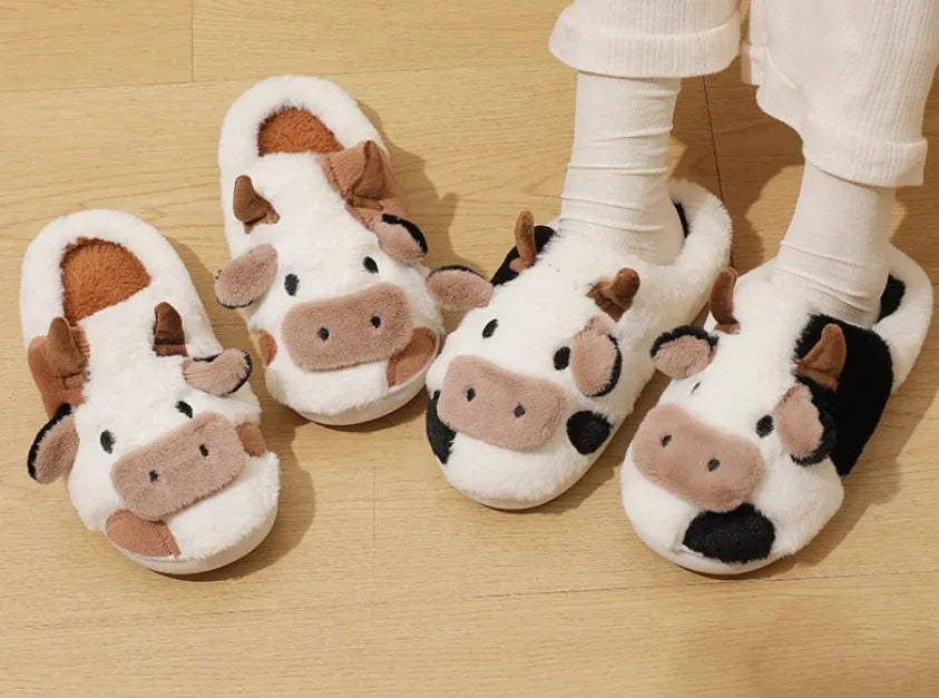 Winter Home Slippers for Couples Warm Plush Neutral Cartoon Cow Indoor Anti Slip Comfortable Cotton for Men Women