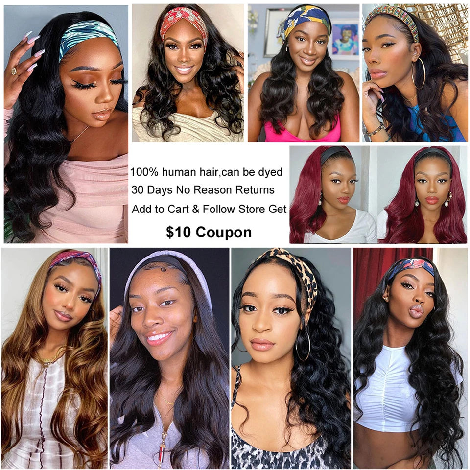 Headband Wig Human Hair Body Wave Virgin Human Hair Wigs for Black Women Full Machine Made Brazilian Ready To Wear Wig None Lace