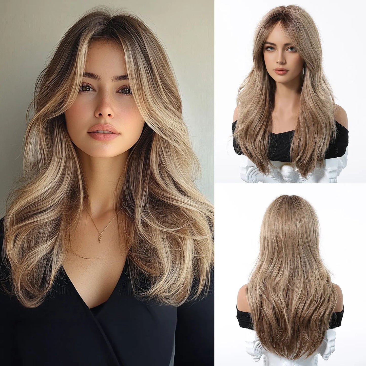 Elegant Curly Wave Ash Blonde Wig Synthetic Hair with Bangs Long Women Party Cospaly Wig 100% Tang Long  Heat Resistant Fiber