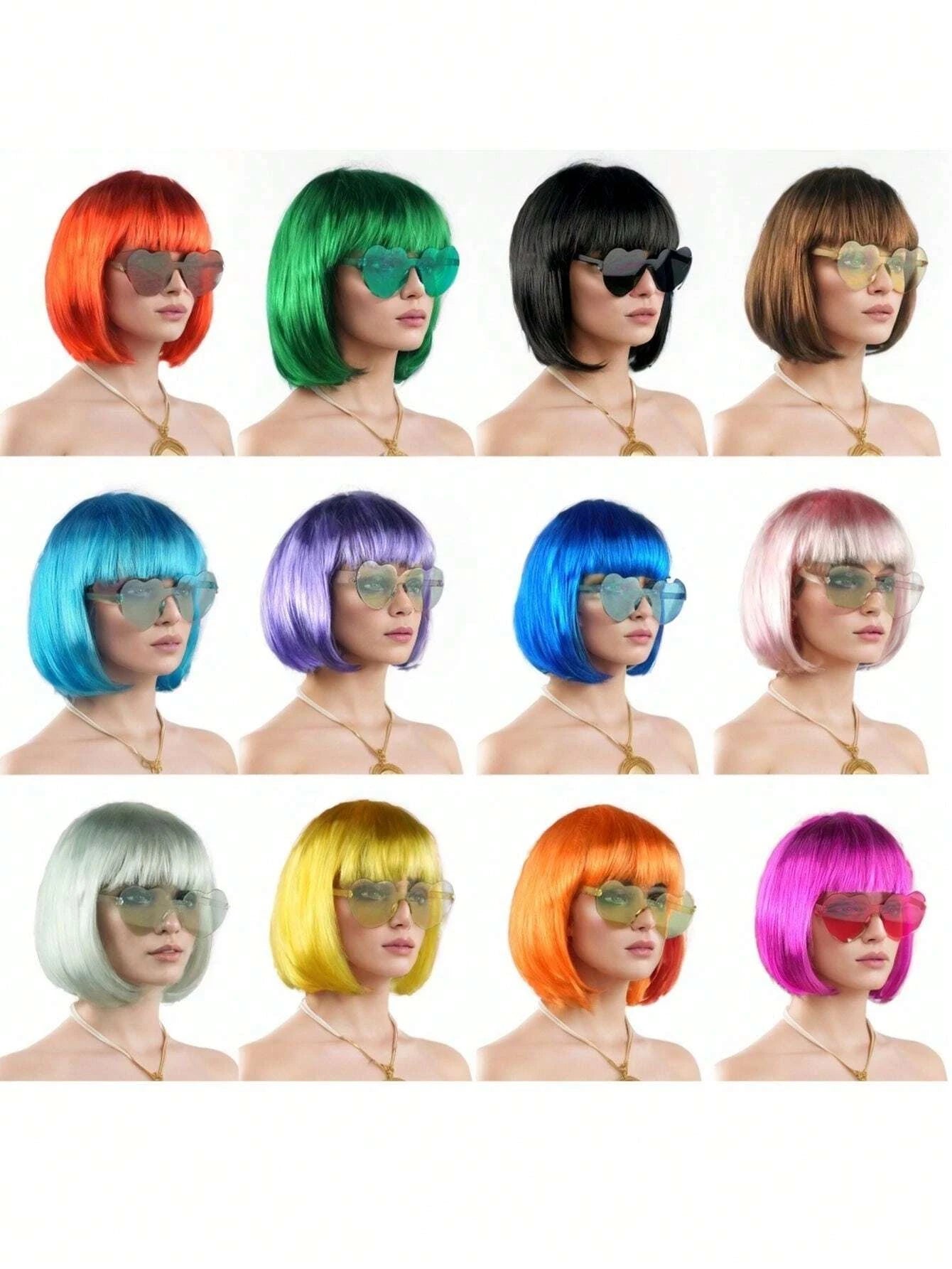 Halloween Party Prop Colorful Short Straight Bobo Wig, Funny & Novelty, With Free Frameless Heart-Shaped Sunglasses