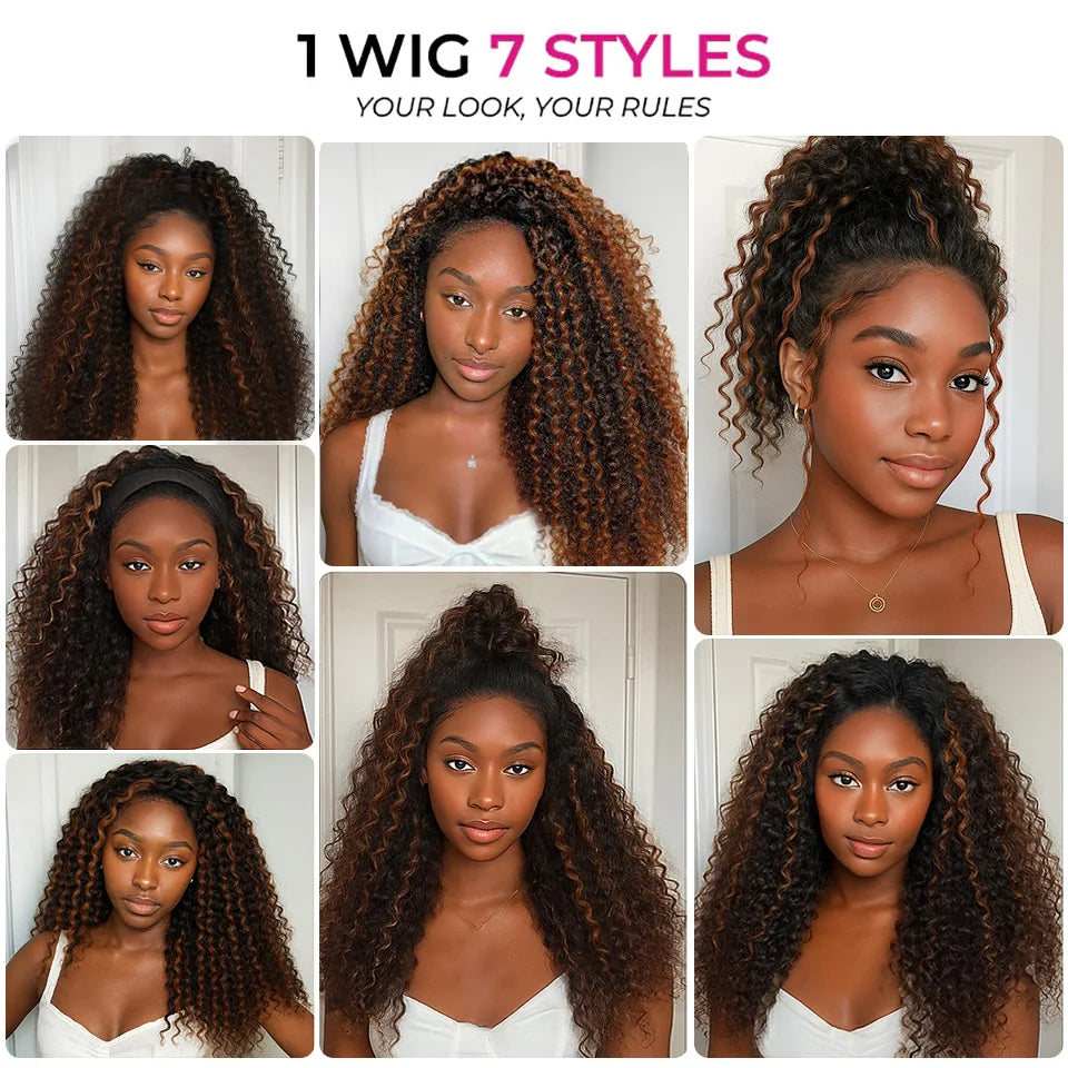 1B/30 highlight 3 In 1 Half Wigs Human Hair Drawstring Burmese 3C 4A Curly Invisible Half Wigs Water Wave Half Wigs Human Hair