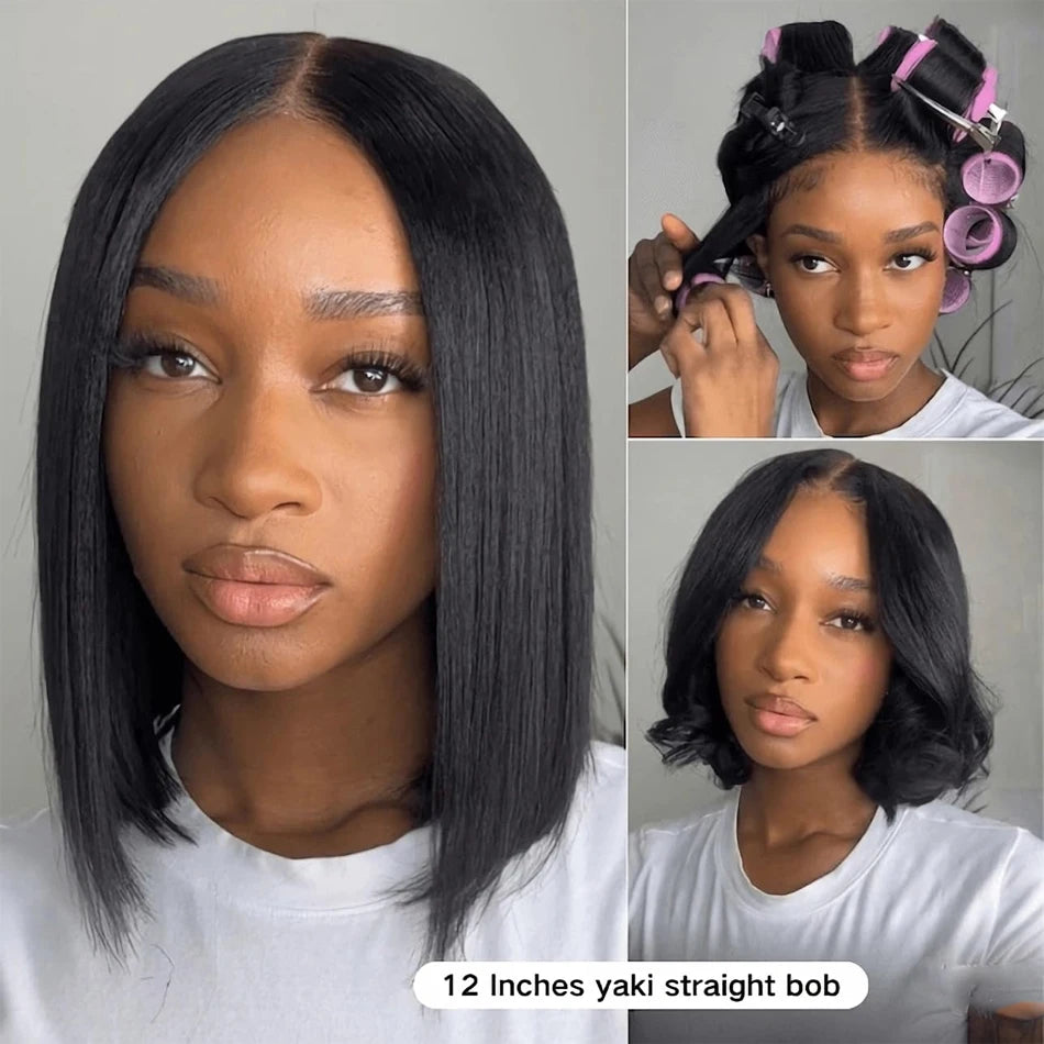 Kinky Yaki Straight Bob Lace Frontal Pre Cut Wigs 100% Human Hair Glueless Ready To Wear Short Bob HD Transparent Cheap Wigs