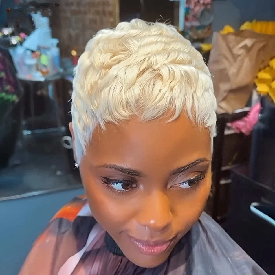 6inch Pixie Short Cut Human hair Wigs blonde Color  Wigs  For Women Full Machine Made Wigs