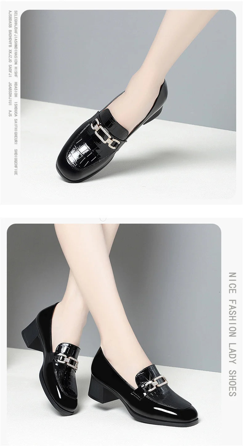 Spring Autumn Ladies Pumps Shallow Shoes Patent Leather Soft Sole Crystal High Heels  Loafers Fashion Breathable Single Shoe