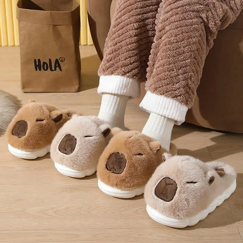 Cute Cartoon Capybara Cotton Slippers Women 2025 Winter Soft Thick Bottom Indoor Couple Slides Warm Faux Fur Bedroom Slippers