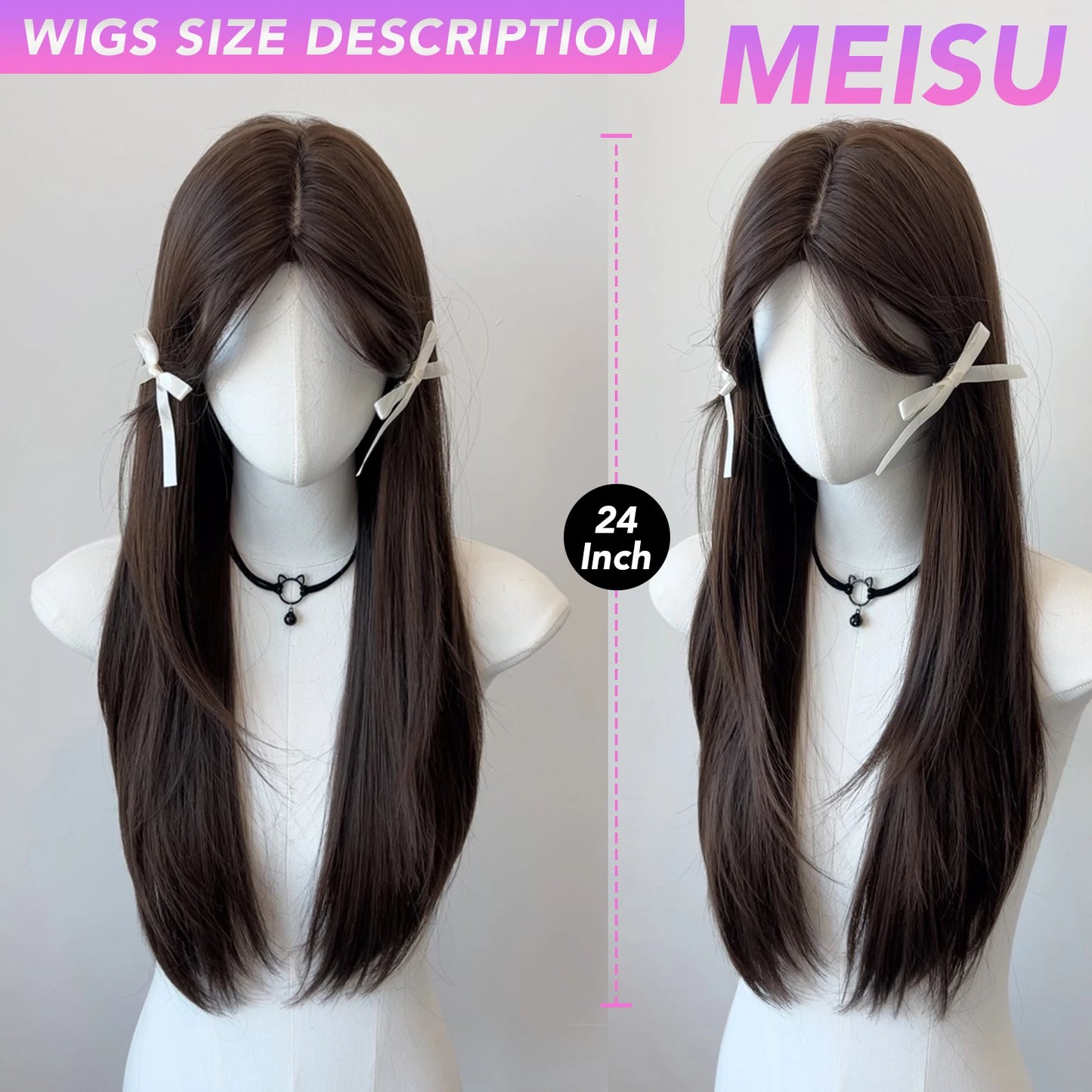 MEISU 24-26 Inch Dark Brown Straight Synthetic Wig  Heat-Resistant Natural Smooth Hair Stylish Party Bangs Wigs For Women