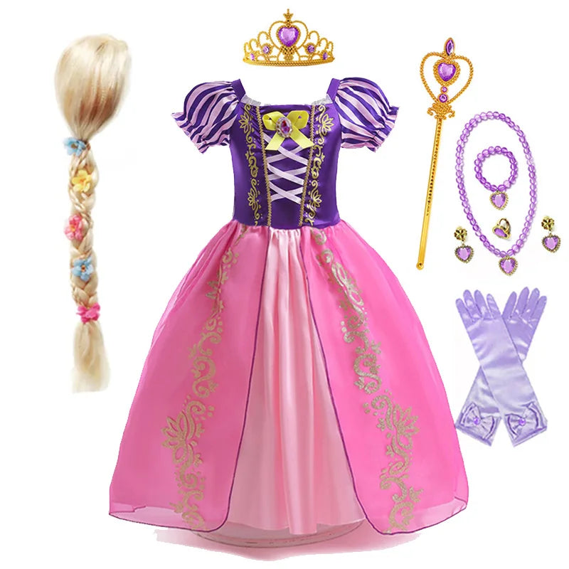 Disney Rapunzel Princess Dress Girl Purple Puff Sleeve Cosplay Tangled Costume Halloween Vestido Kids Birthday Ball Gown Clothes