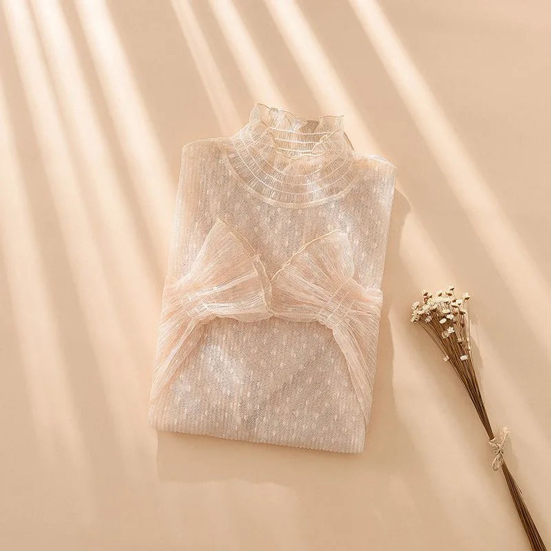 Women Sexy Mesh See Through T Shirt  Long Bell Sleeve Hollow Out Blouse Summer Transparent Sheer High Neck Bottoming Basic Tee