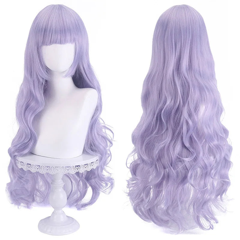 Diagonal Bangs Curly Long Wave Wig for Women Heat-resistant Fiber Synthetic Wig for Daily Cosplay