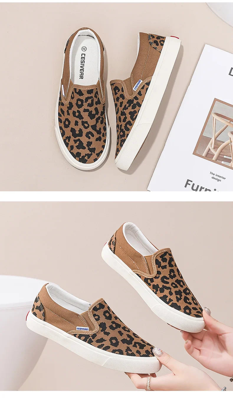 Retro Fashionable Canvas Shoes for Women Student Sports Casual Leopard Print Slip-On Sneakers Comfortable Cotton Lined Shoes