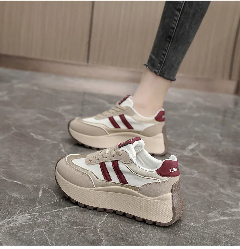 Spring Thick Bottom Women's Shoes 2025 Summer Casual Patchwork Leather Sneakers Casual Vulcanised Shoes Ladies Chaussure Femme