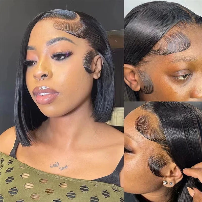 Straight Bob Wig 200% Density 13X4 Lace Frontal Wigs Brazilian Pre Plucked With Baby Hair 4x4 For Women 100% Human Hair Wigs #1B