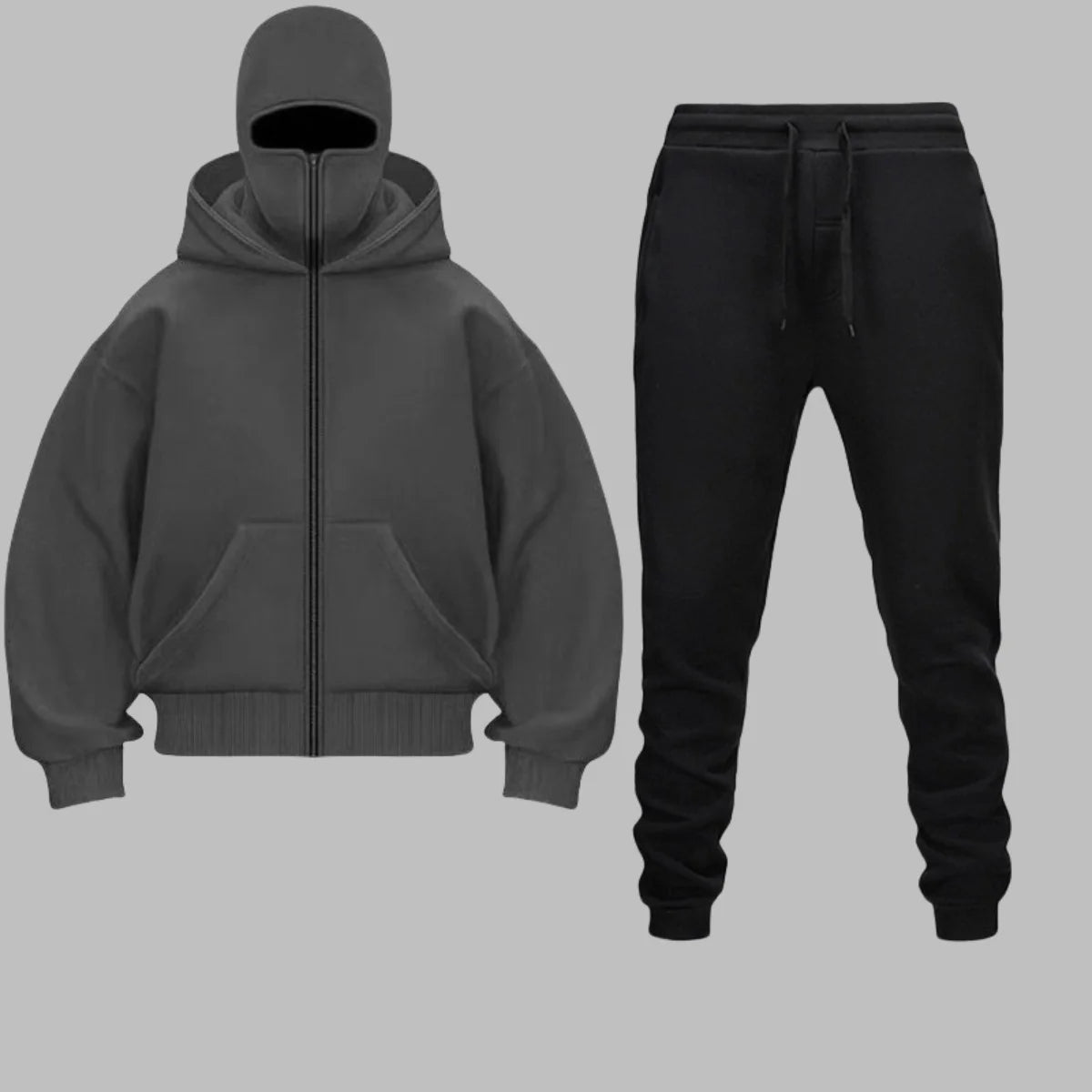 2025 Autumn Winter Men Zippered Hooded Sweatshirt Set - Balakrava Street Fashion Windproof Ninja Letter Design Two-Piece Set