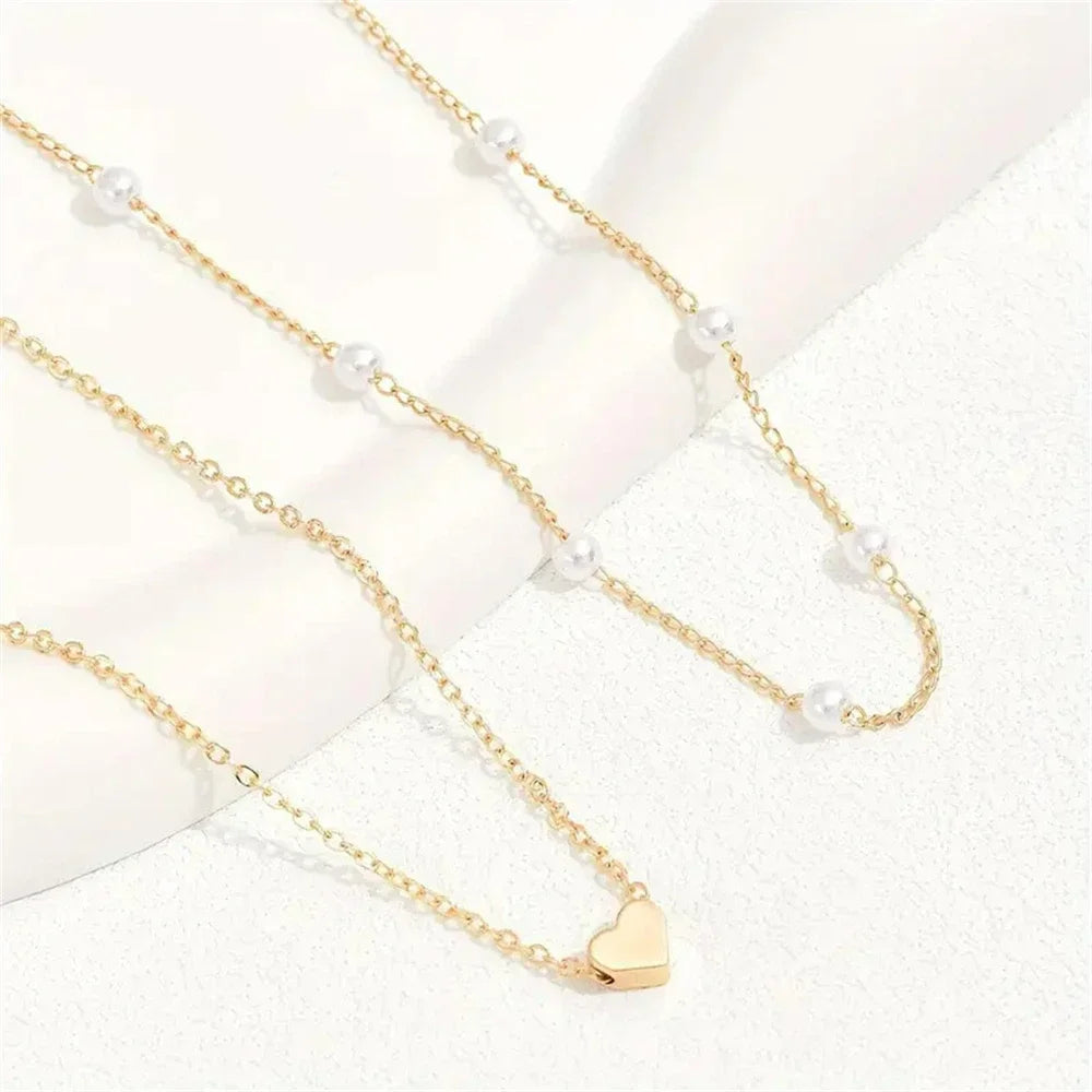 2025 New Women's Pearl Necklace Set 14K Gold Fashion Love Heart Pendant Waterproof Hypoallergenic Collarbone Neck Chain Jewelry