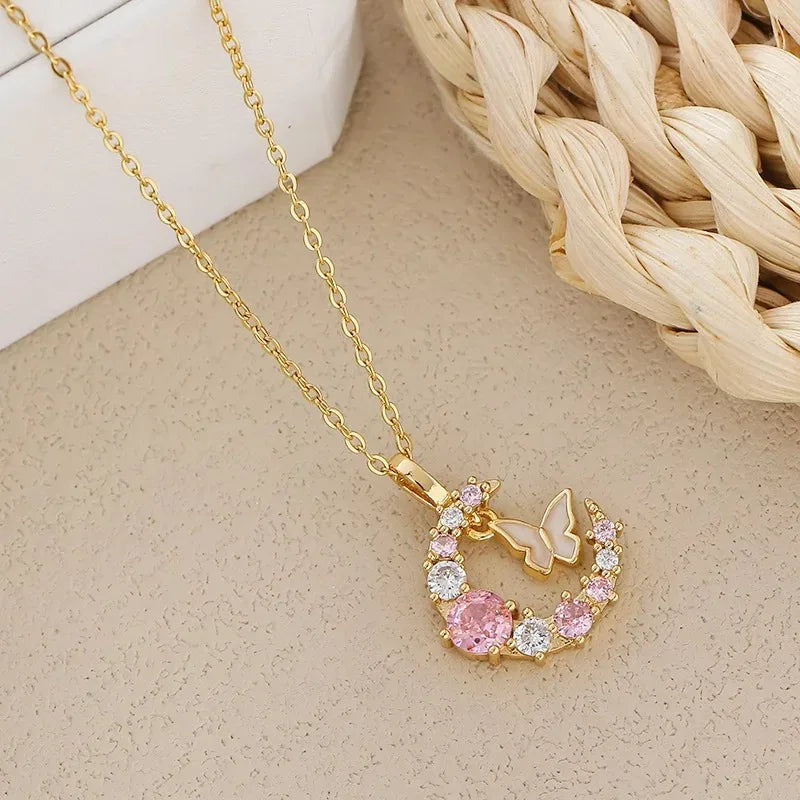 New Korean Fashion Butterfly Moon 2025 Necklace Women's Stainless Steel Cute Collar Chain High End Elegant Jewelry Girls Gift
