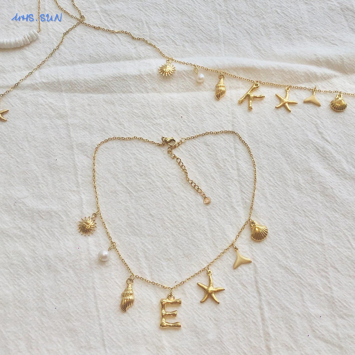 MHS.SUN Starfish Shell Initial Necklace Waterproof 18K Gold Plated Stainless Steel Charm Necklaces Surfer Girl Summer Beach Gift