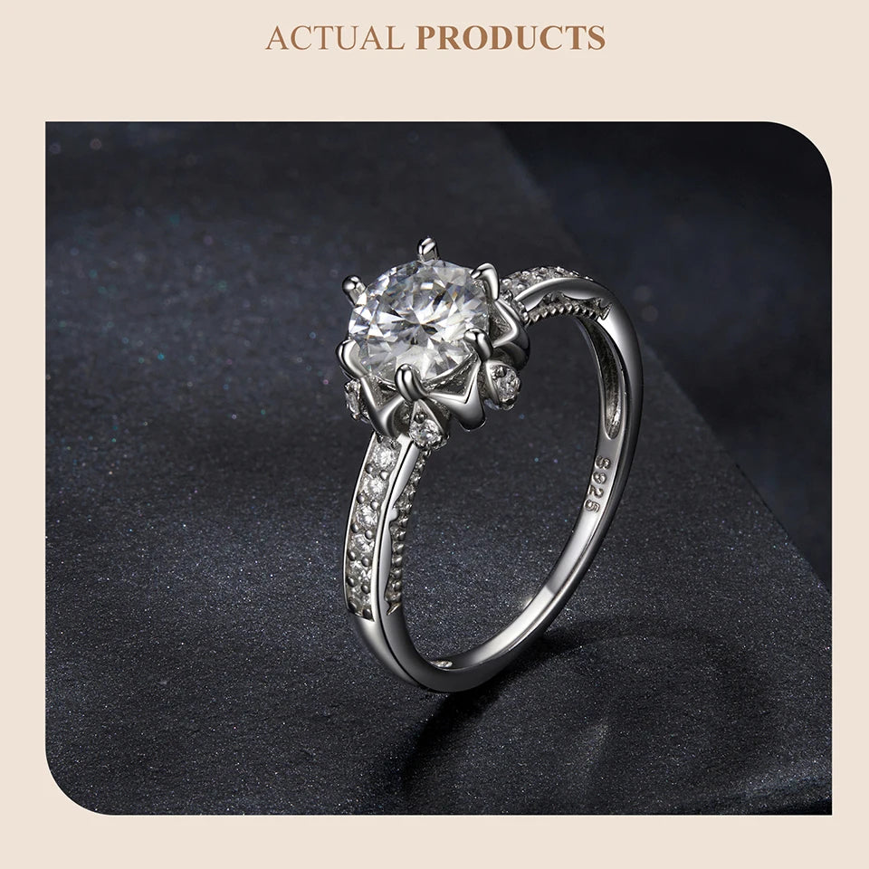 BAMOER D Color VVS1 EX Moissanite Flower Ring 1ct Round Moissanite Diamond Solitaire Engagement 925 Sterling Silver Rings For Wo