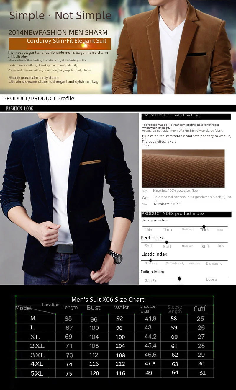 Autumn/winter New Korean Style Business Casual Corduroy Suit For Men Youth Fashion Slimming Western-style Clothes