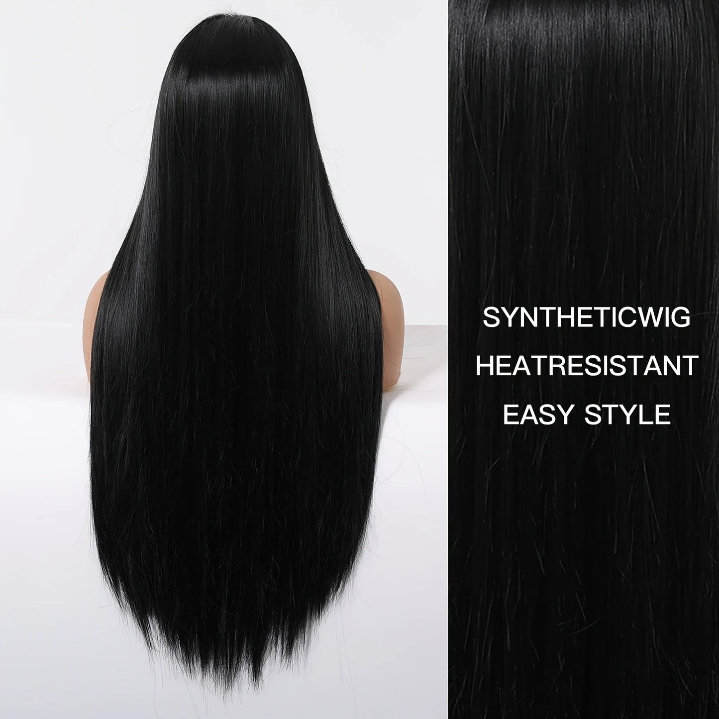 Elegant 28 Inch Black Straight Synthetic Wig for Women, High Temperature Fiber, 150% Density, with Rose Net Cap, for Parties and