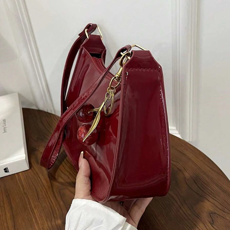 Vintage Retro Shoulder Bag for Women PU Leather Underarm Crossbody Ladies Casual Handbag Purse with Cherry Pendant