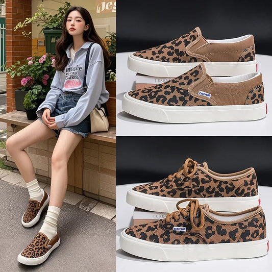 Retro Fashionable Canvas Shoes for Women Student Sports Casual Leopard Print Slip-On Sneakers Comfortable Cotton Lined Shoes