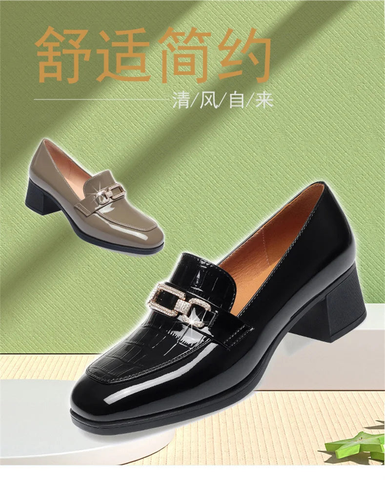 Spring Autumn Ladies Pumps Shallow Shoes Patent Leather Soft Sole Crystal High Heels  Loafers Fashion Breathable Single Shoe